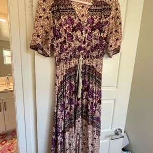 Floral Purple and Cream Maxi Boho Dress